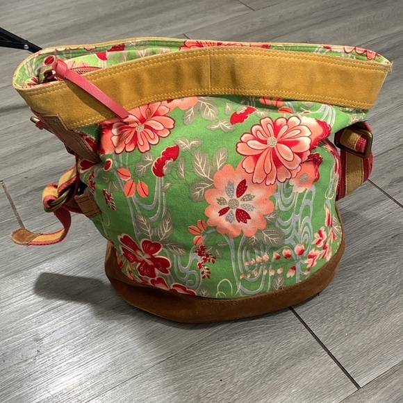 LUCKY BRAND VTG Y2K Floral Blossom Green Canvas Suede Boho Tote Handbag - Picture 3 of 13